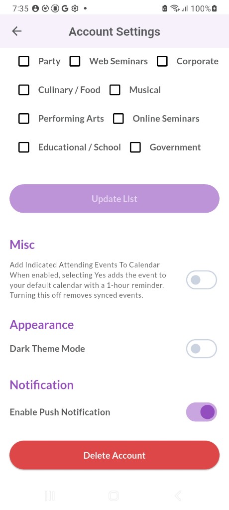 EventosJM Account Settings — Notification section with Enable Push Notification turned on