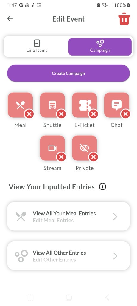 EventosJM create campaign screen — enable services for an event