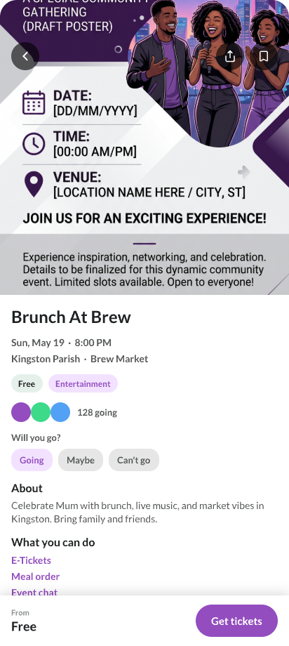 EventosJM event detail with sticky action bar
