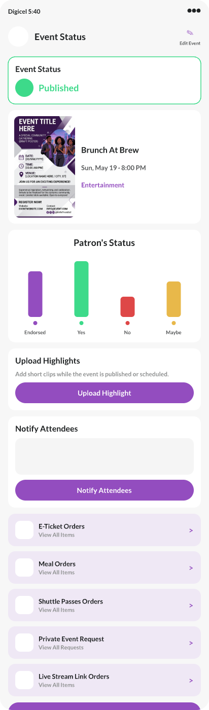EventosJM event status — patrons, notify attendees, campaigns, and gate tools