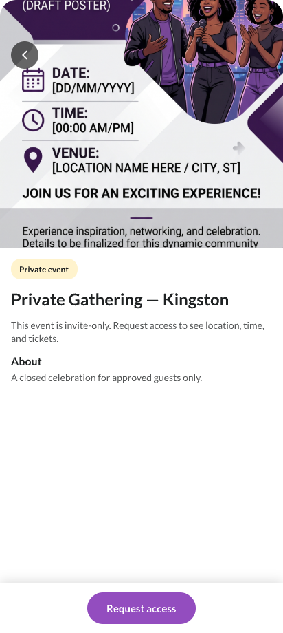 EventosJM private event screen — request access before details